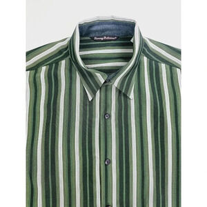 Tommy Bahama Size Large Men's Green Vanilla Black Stripe Embroidered Logo Shirt